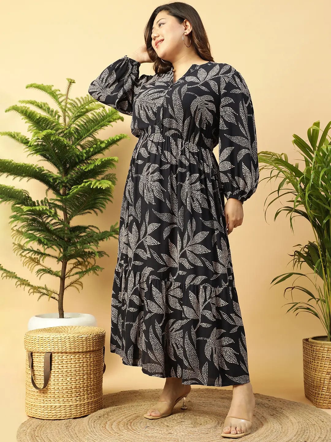 Flirty Black rayon Tropical Print  Long-Sleeve Elasticated Plus Size Women Dress