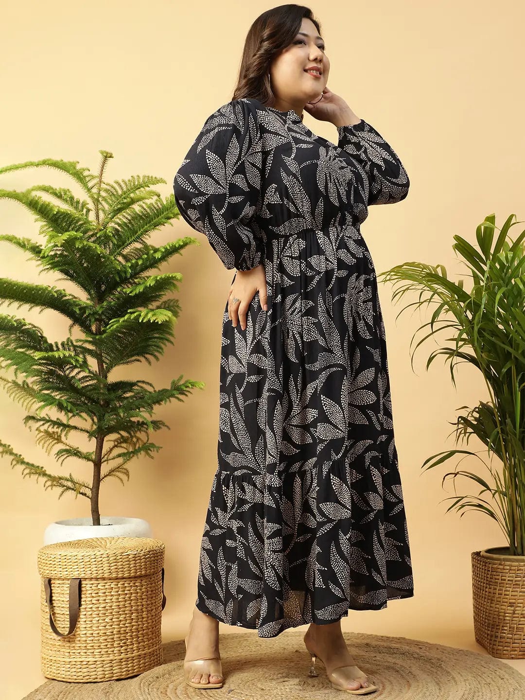 Flirty Black rayon Tropical Print  Long-Sleeve Elasticated Plus Size Women Dress