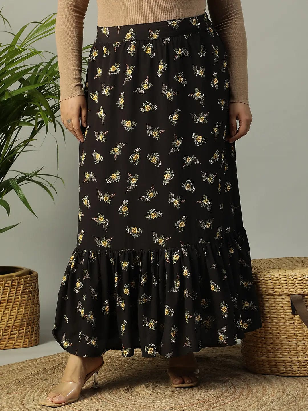 First Black Floral Print Elasticated Frill Detailed  Long Flare Plus Size Skirt