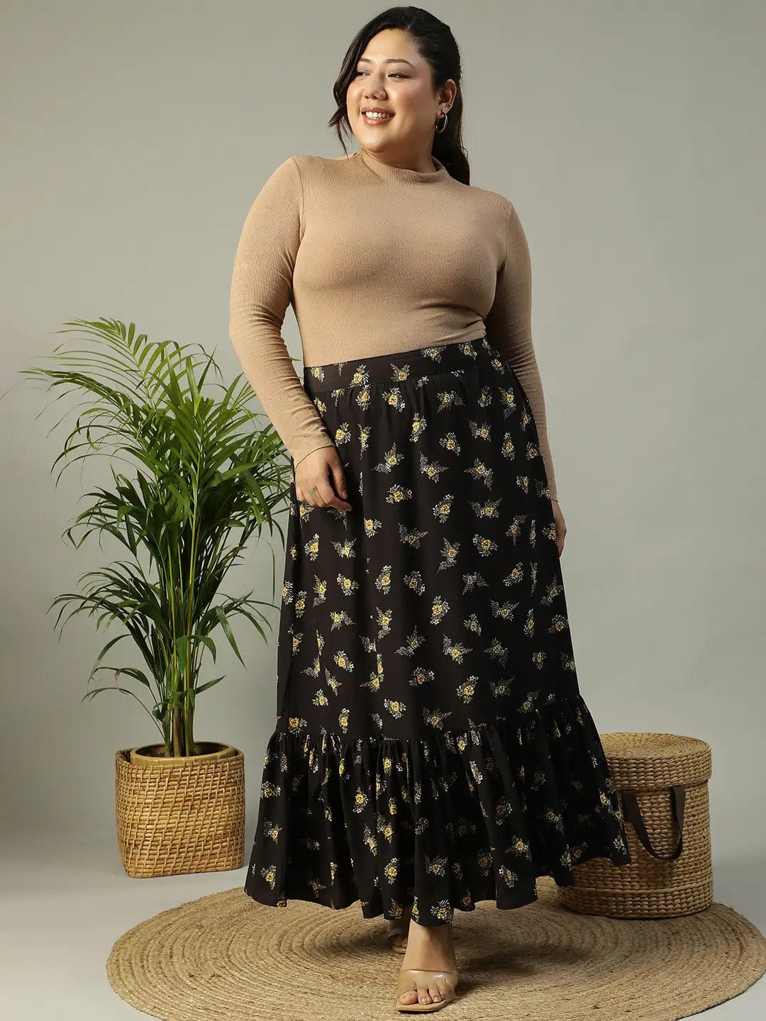 First Black Floral Print Elasticated Frill Detailed  Long Flare Plus Size Skirt