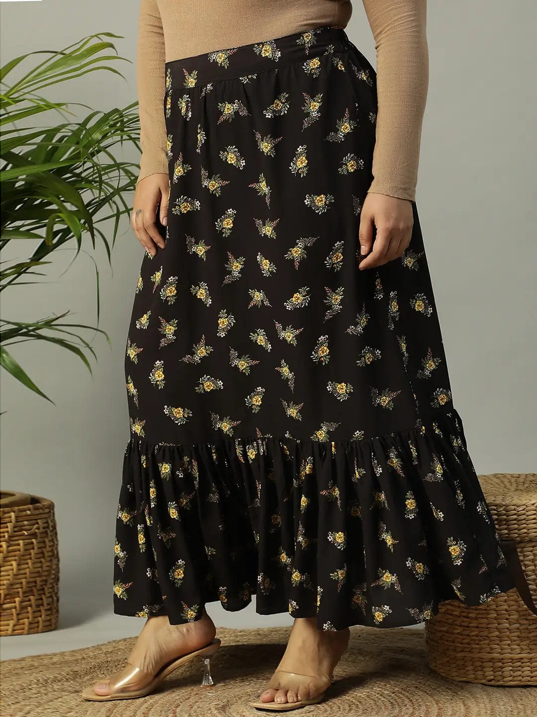 First Black Floral Print Elasticated Frill Detailed  Long Flare Plus Size Skirt