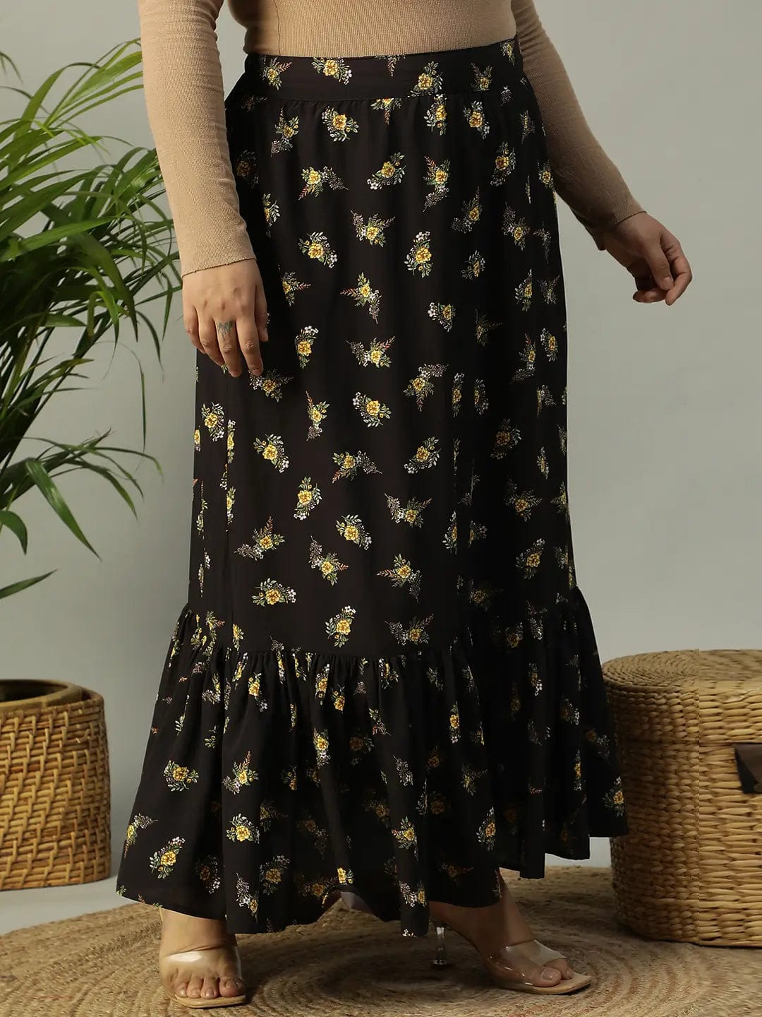 First Black Floral Print Elasticated Frill Detailed  Long Flare Plus Size Skirt