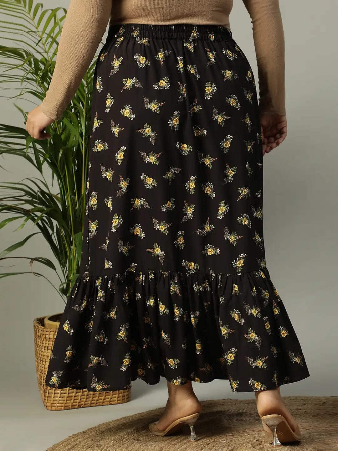 First Black Floral Print Elasticated Frill Detailed  Long Flare Plus Size Skirt