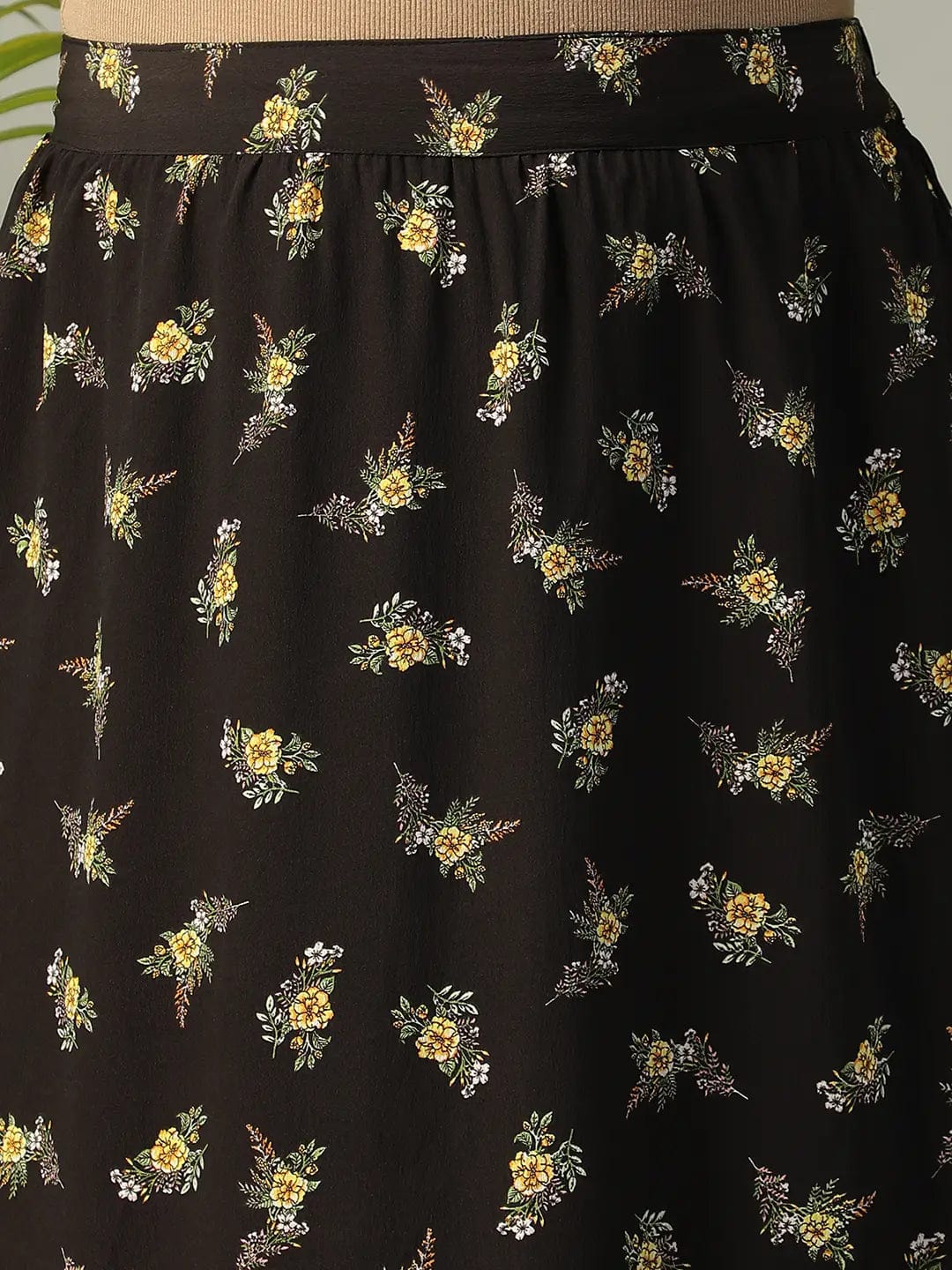 First Black Floral Print Elasticated Frill Detailed  Long Flare Plus Size Skirt