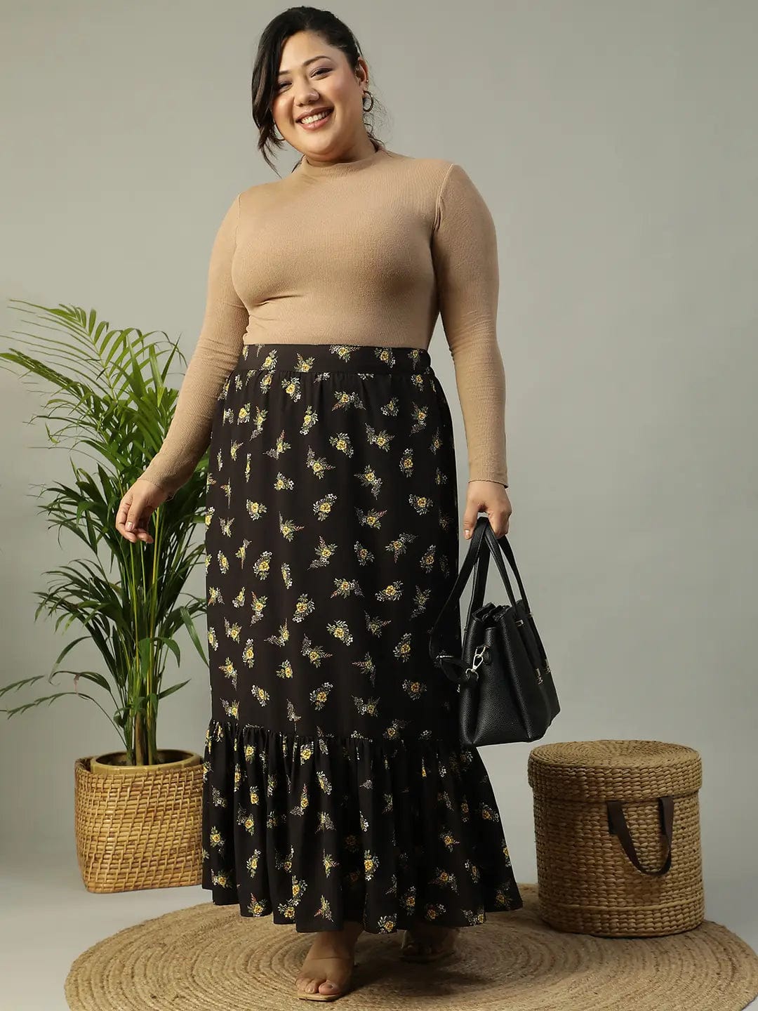 First Black Floral Print Elasticated Frill Detailed  Long Flare Plus Size Skirt