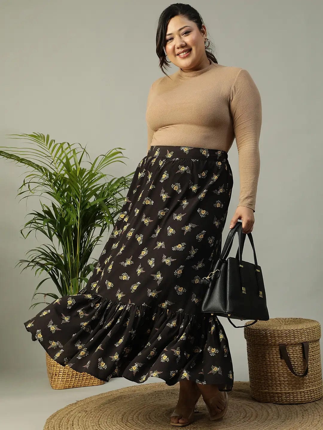 First Black Floral Print Elasticated Frill Detailed  Long Flare Plus Size Skirt