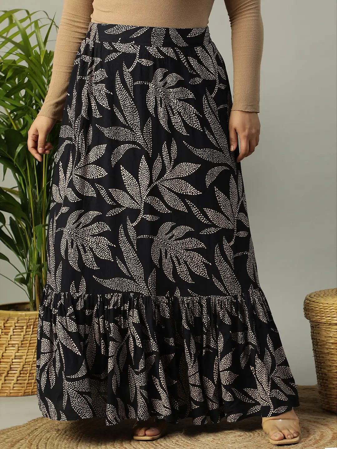 First Black Tropical rayon Print Elasticated Frill Detailed  Long Flare Plus Size Skirt