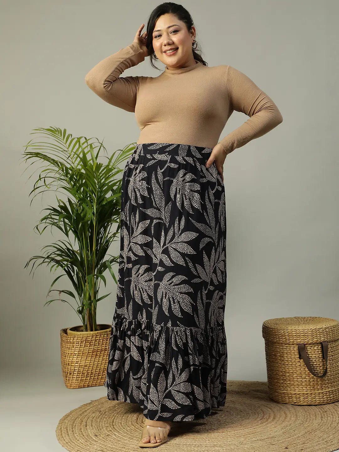 First Black Tropical rayon Print Elasticated Frill Detailed  Long Flare Plus Size Skirt