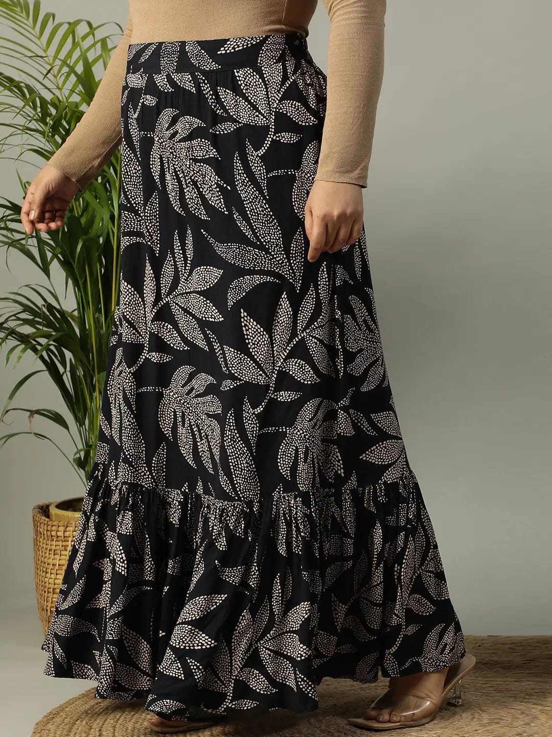 First Black Tropical rayon Print Elasticated Frill Detailed  Long Flare Plus Size Skirt