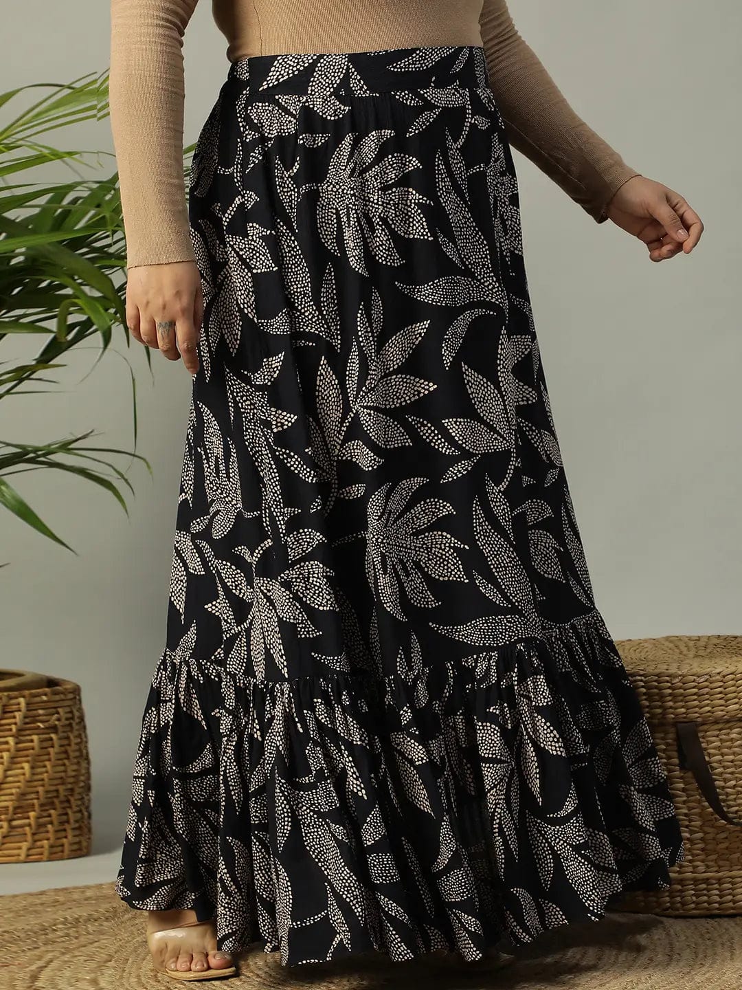 First Black Tropical rayon Print Elasticated Frill Detailed  Long Flare Plus Size Skirt