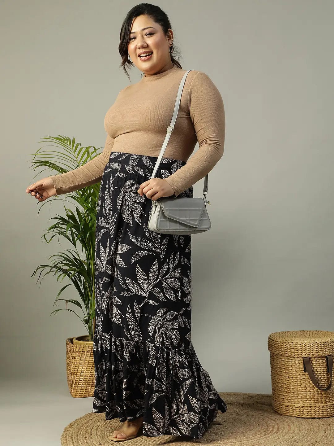 First Black Tropical rayon Print Elasticated Frill Detailed  Long Flare Plus Size Skirt