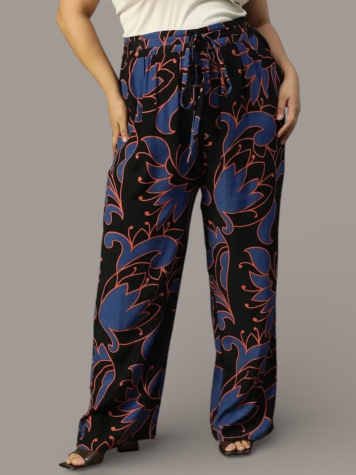 Upfront Black Floral rayon Print Elasticated Plus Size Women Pant