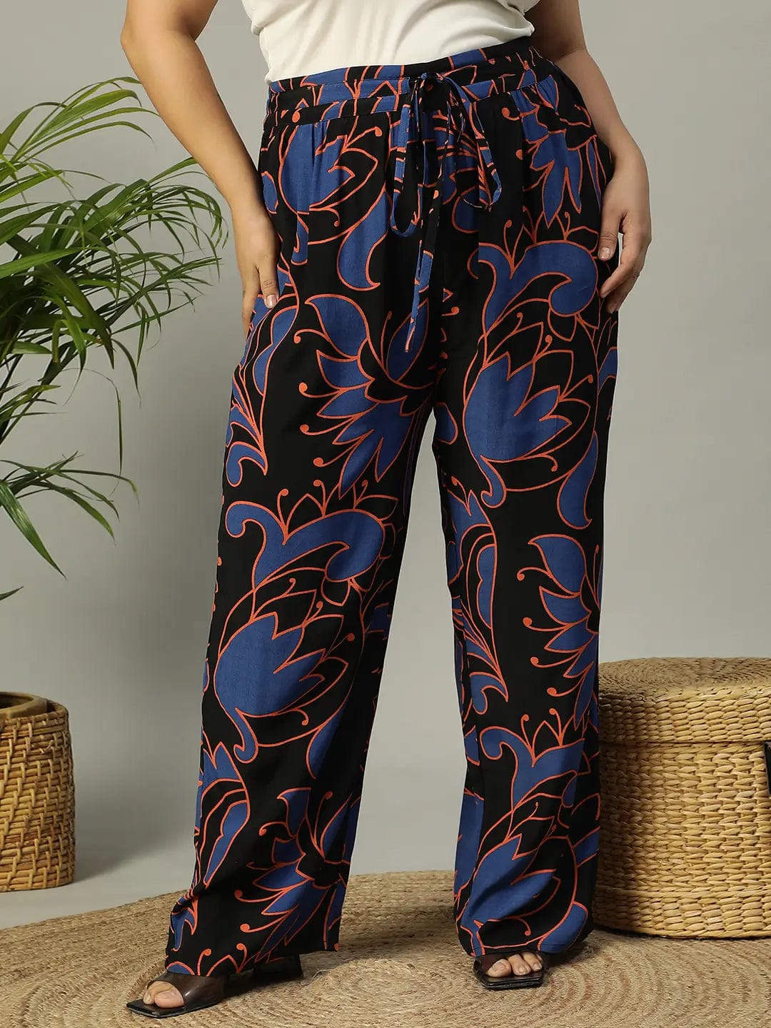 Upfront Black Floral rayon Print Elasticated Plus Size Women Pant