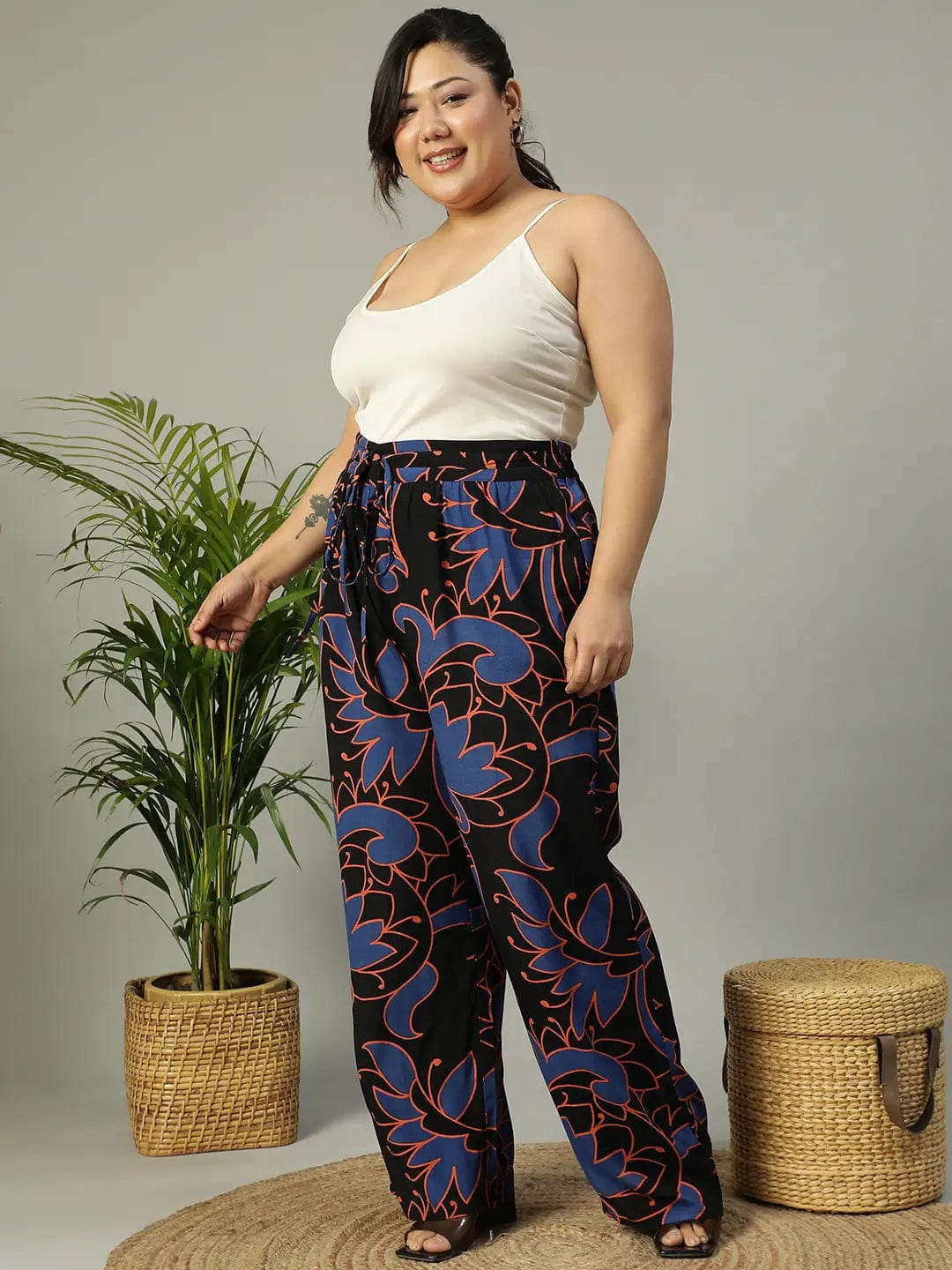 Upfront Black Floral rayon Print Elasticated Plus Size Women Pant