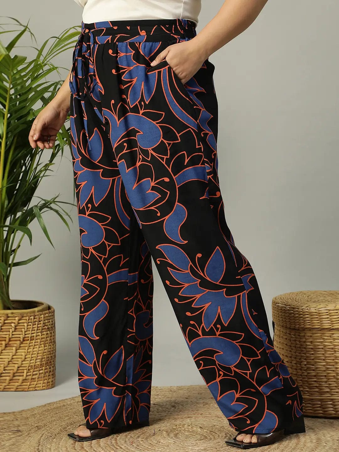 Upfront Black Floral rayon Print Elasticated Plus Size Women Pant