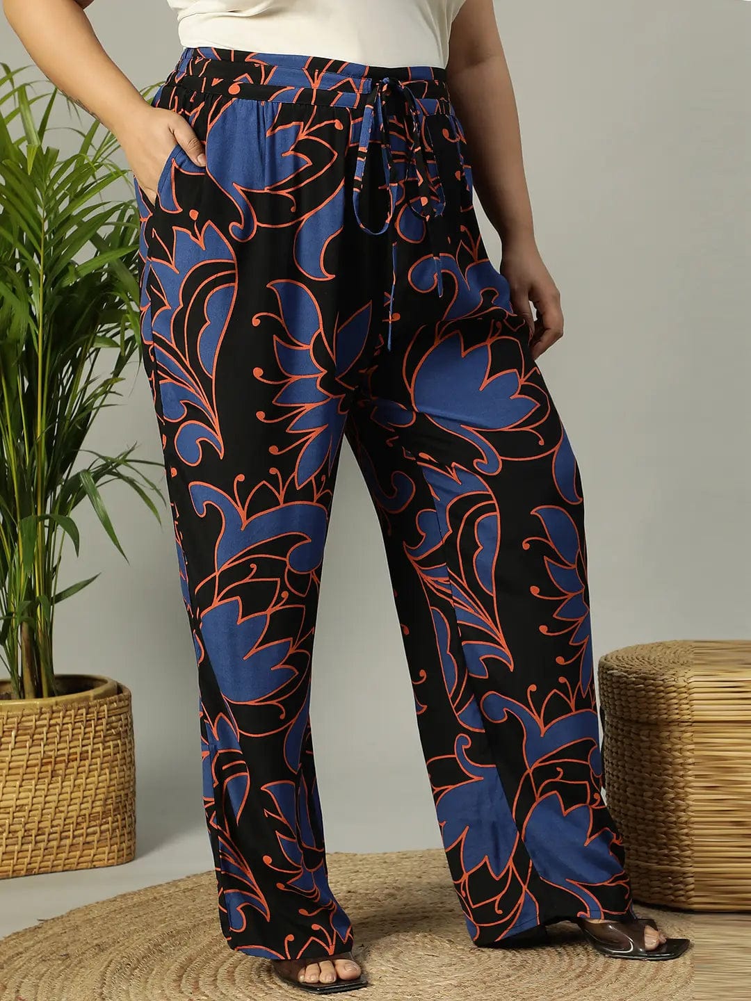 Upfront Black Floral rayon Print Elasticated Plus Size Women Pant