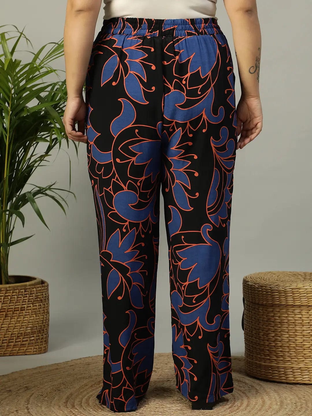 Upfront Black Floral rayon Print Elasticated Plus Size Women Pant