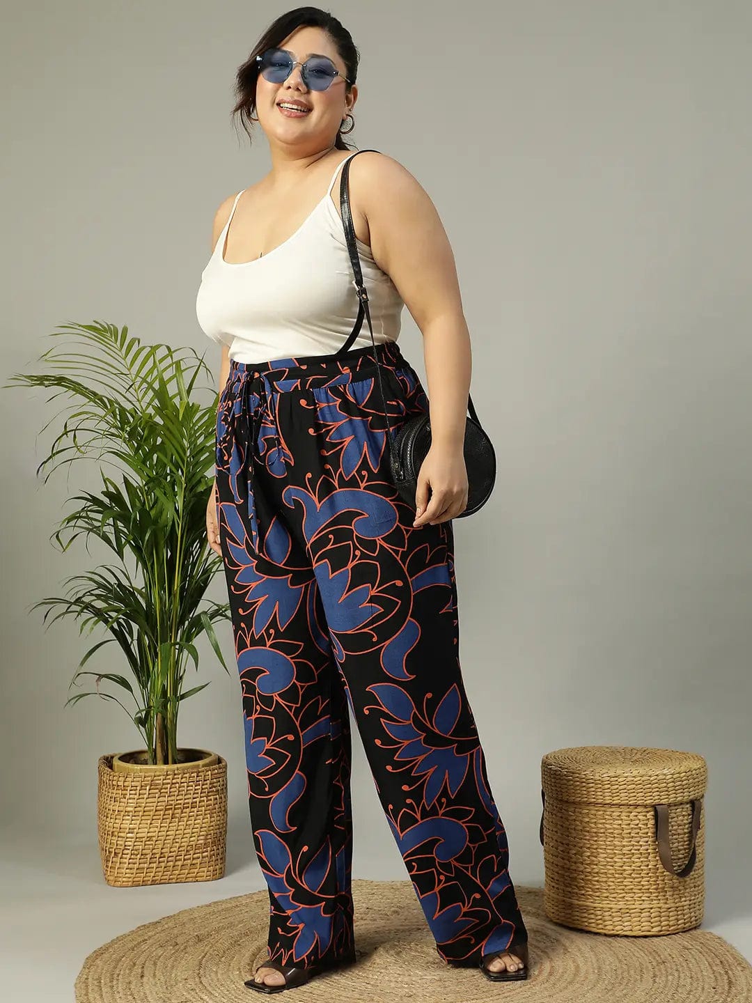 Upfront Black Floral rayon Print Elasticated Plus Size Women Pant