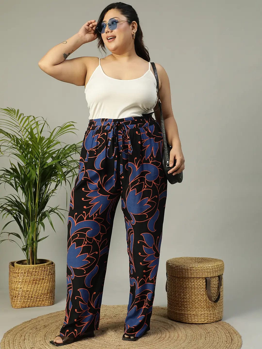 Upfront Black Floral rayon Print Elasticated Plus Size Women Pant