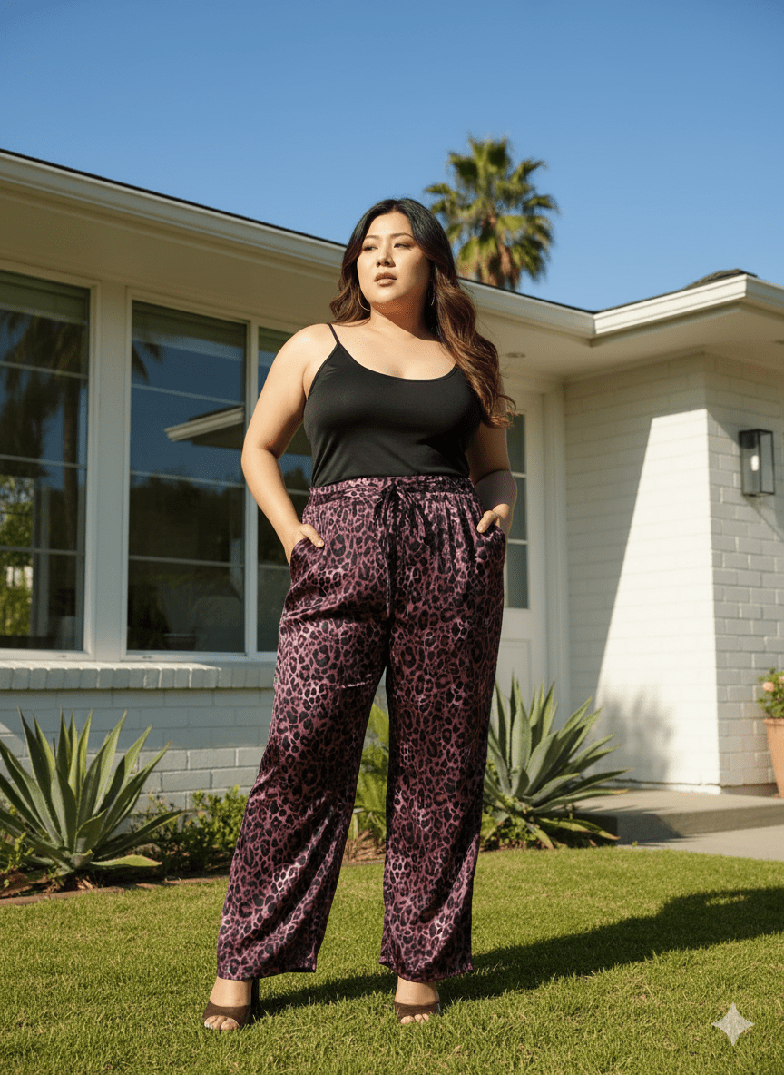 Dark Purple Animal satin Print Elasticated Plus Size Women Pant