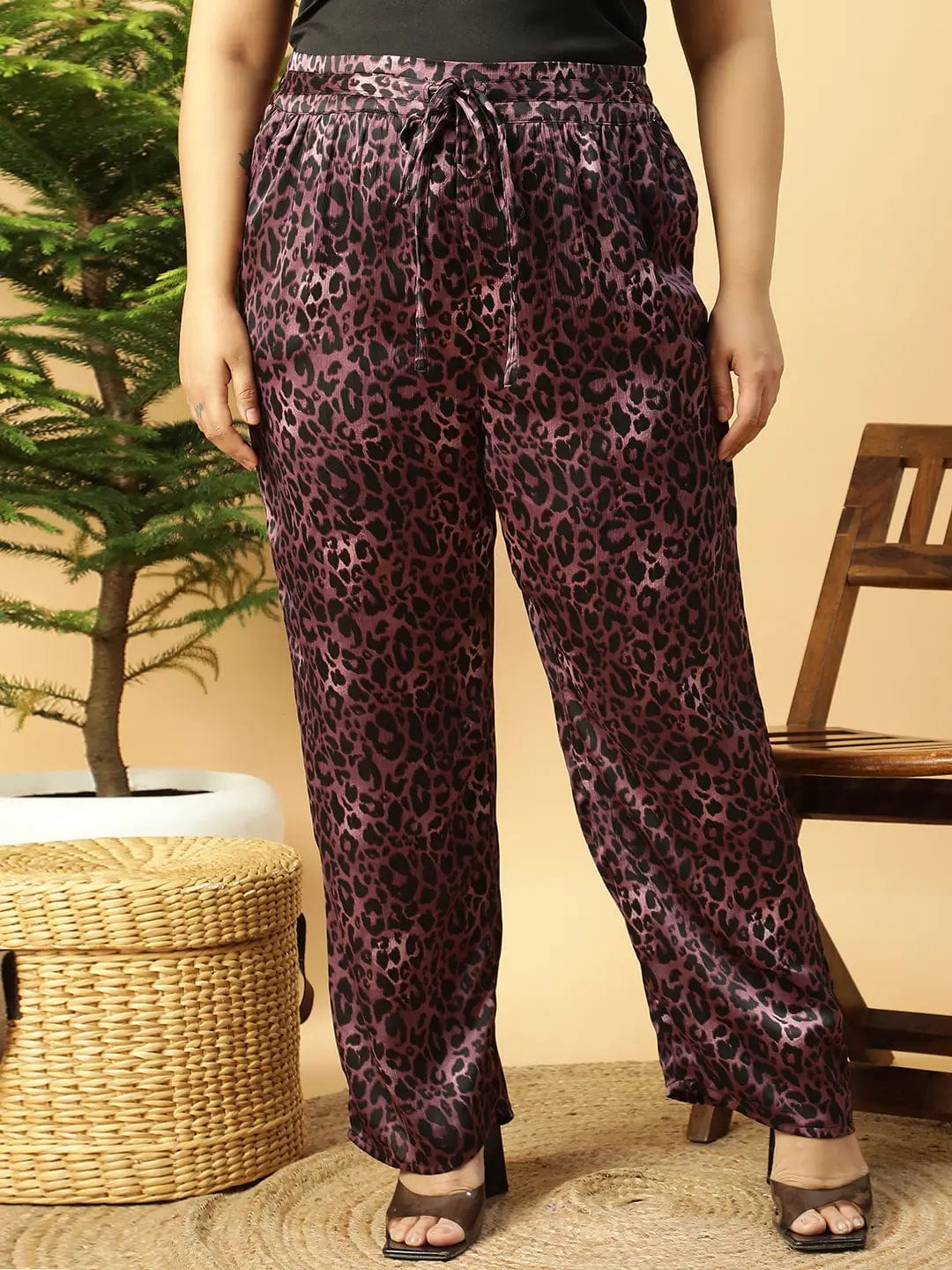 Dark Purple Animal satin Print Elasticated Plus Size Women Pant