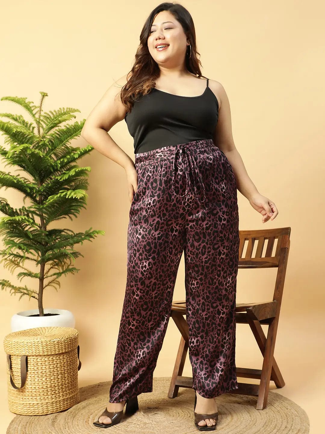 Dark Purple Animal satin Print Elasticated Plus Size Women Pant