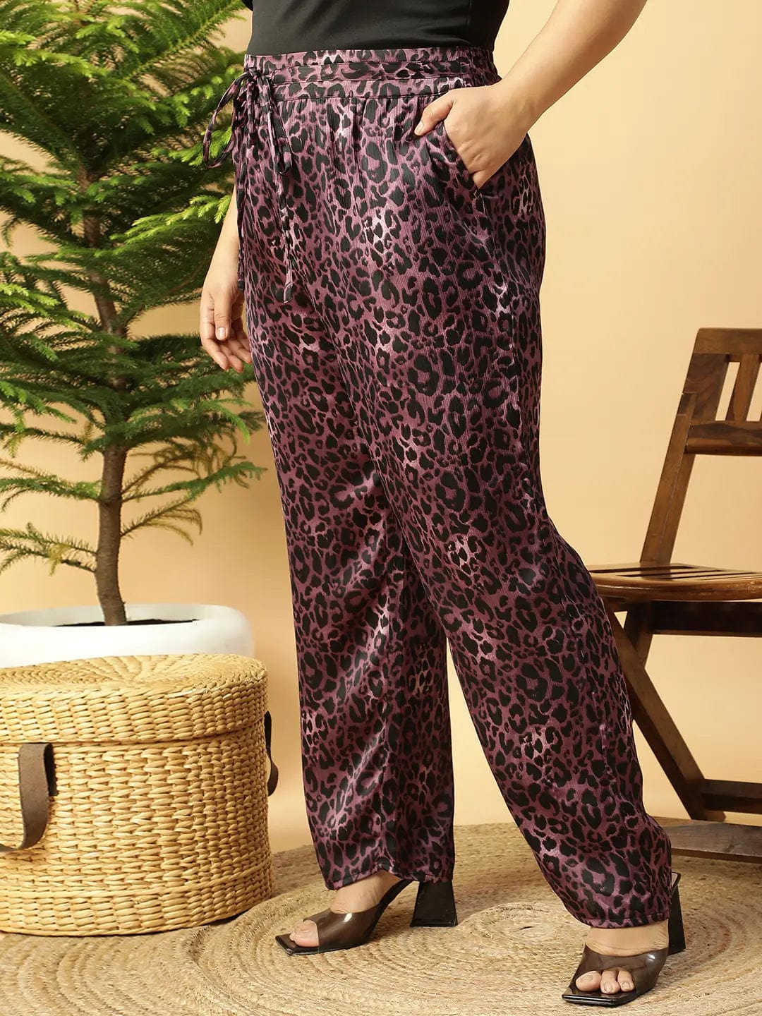 Dark Purple Animal satin Print Elasticated Plus Size Women Pant