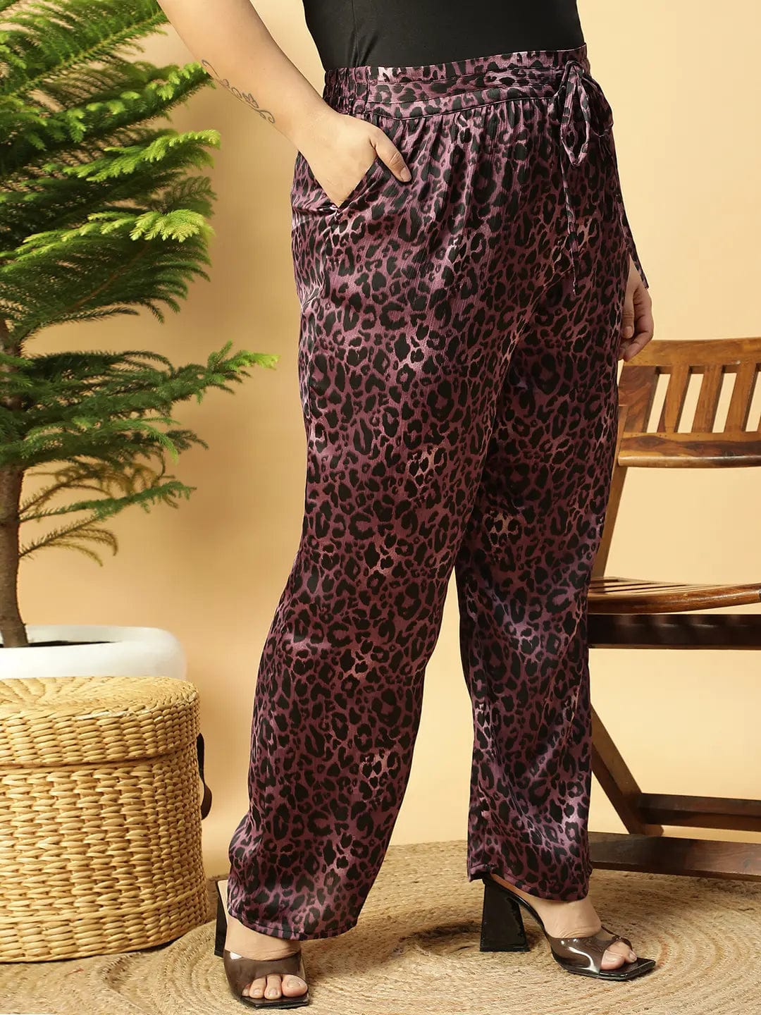 Dark Purple Animal satin Print Elasticated Plus Size Women Pant