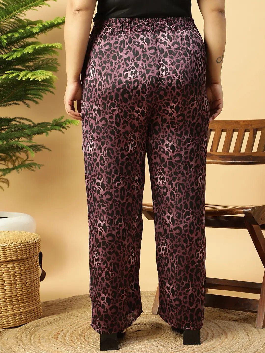 Dark Purple Animal satin Print Elasticated Plus Size Women Pant