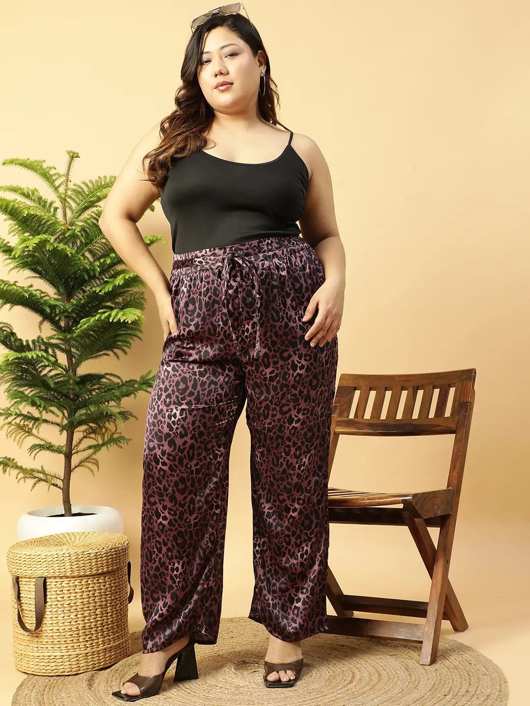 Dark Purple Animal satin Print Elasticated Plus Size Women Pant