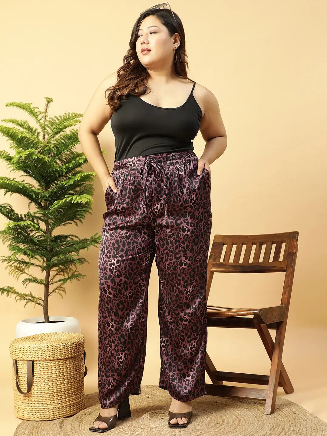 Dark Purple Animal satin Print Elasticated Plus Size Women Pant