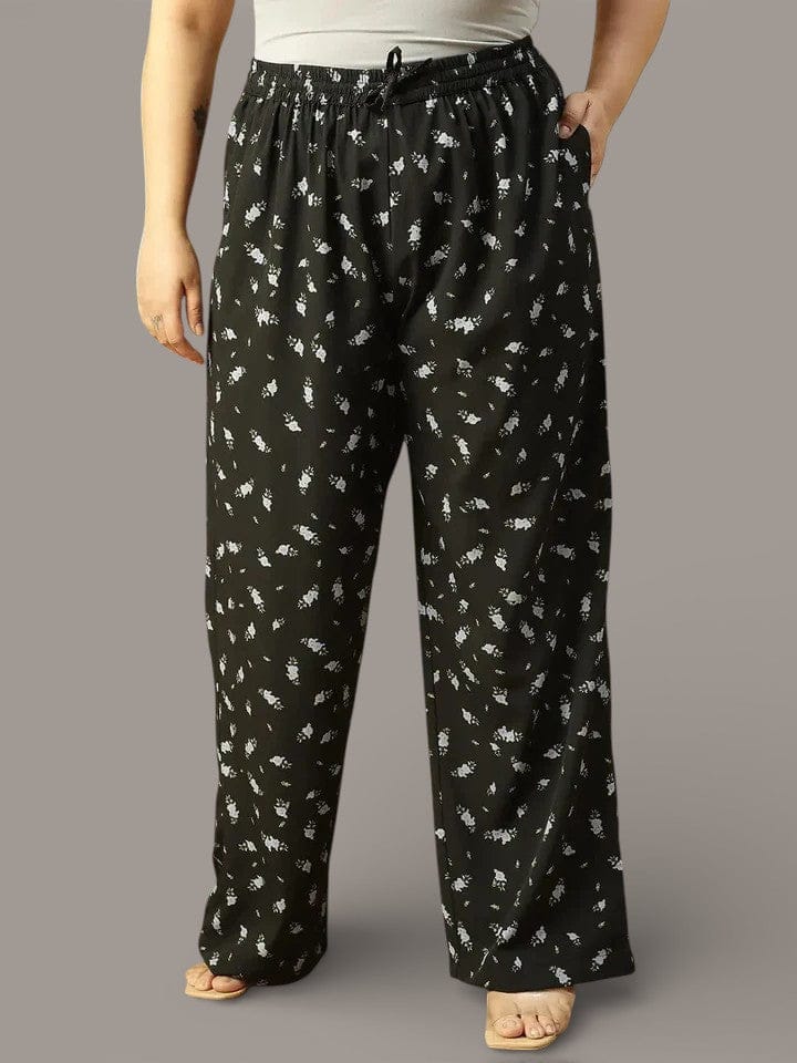 Craze Black Floral Print Elasticated Plus Size Women Pant