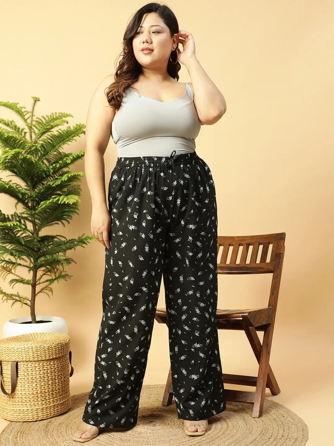 Craze Black Floral Print Elasticated Plus Size Women Pant