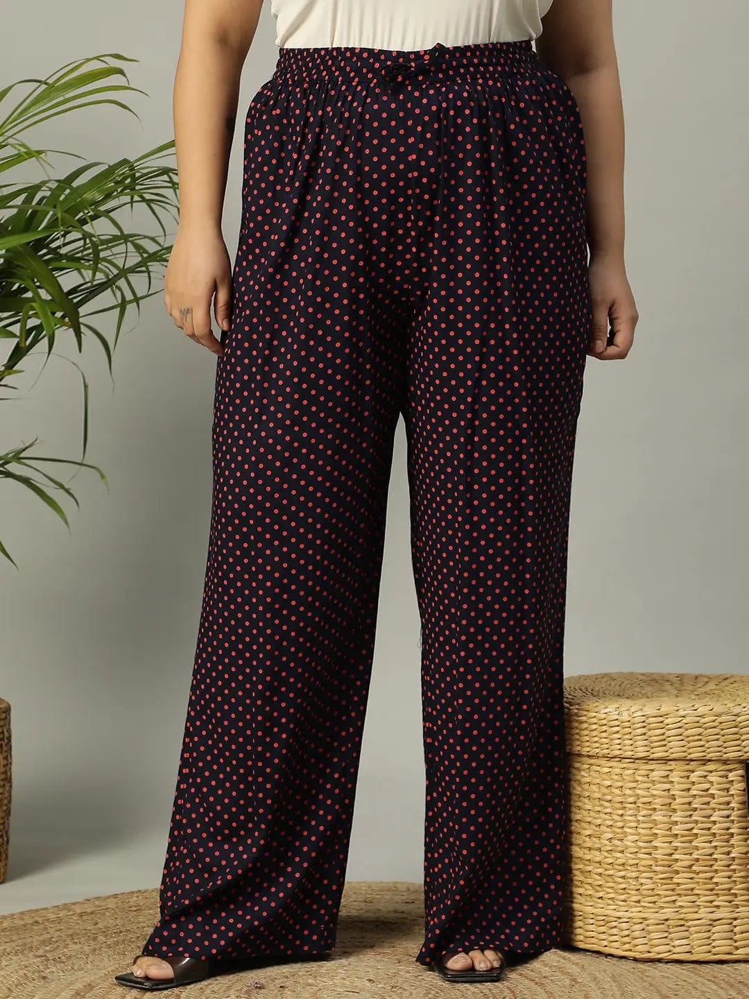 Navy Blue Polka Dot Print Elasticated Plus Size Women Pant