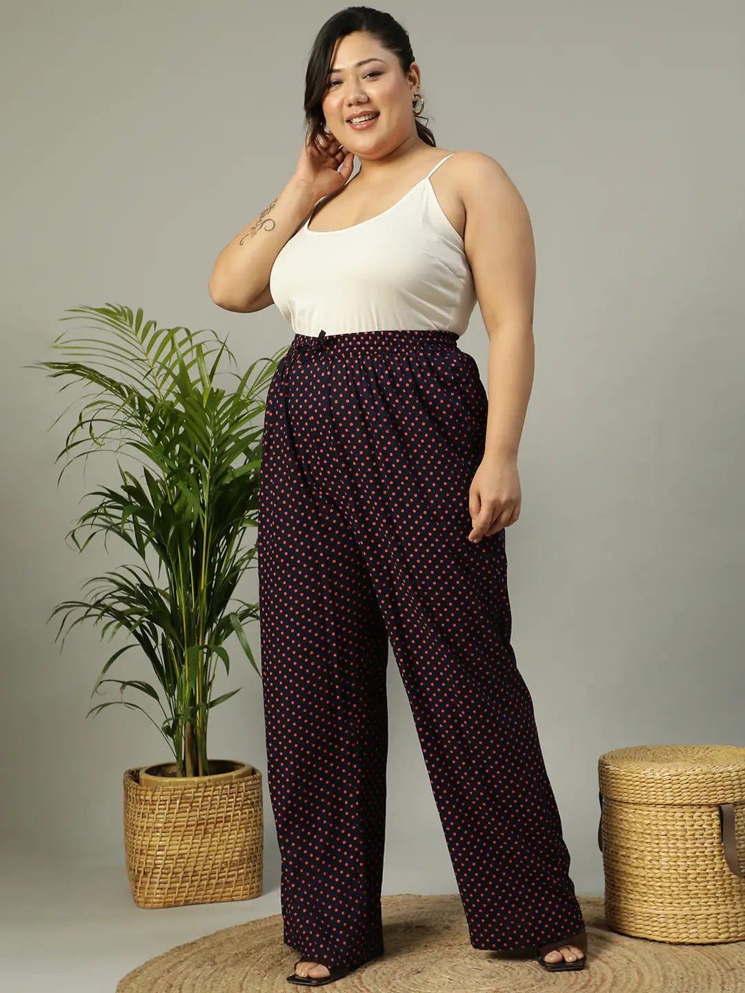 Navy Blue Polka Dot Print Elasticated Plus Size Women Pant