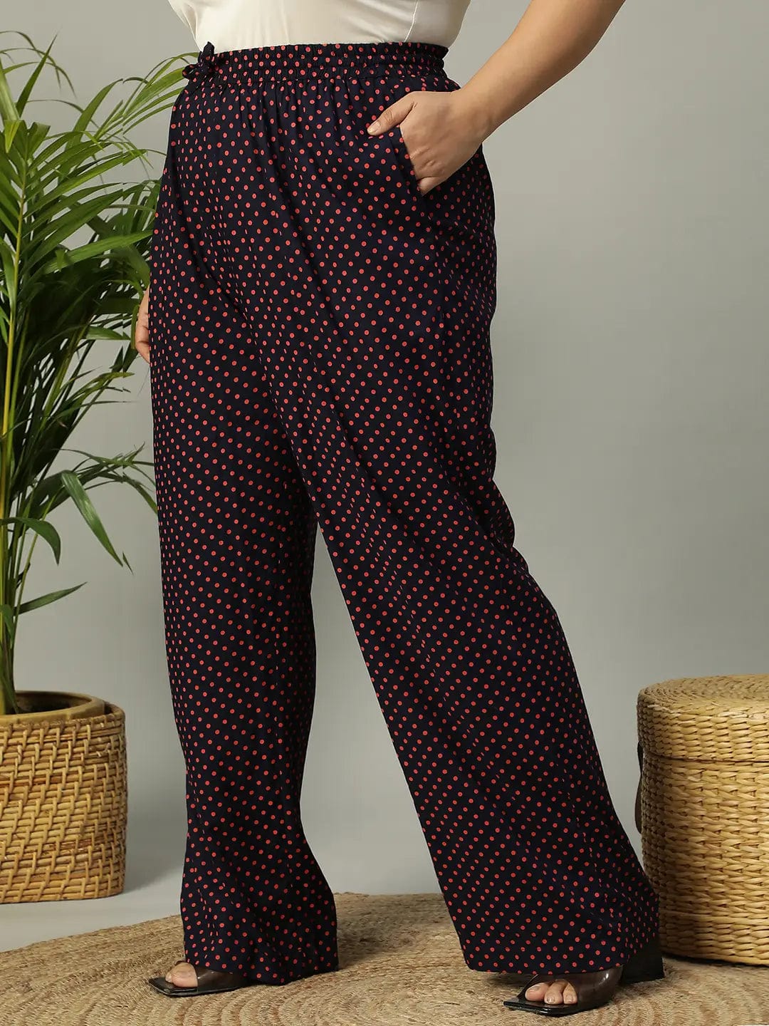 Navy Blue Polka Dot Print Elasticated Plus Size Women Pant