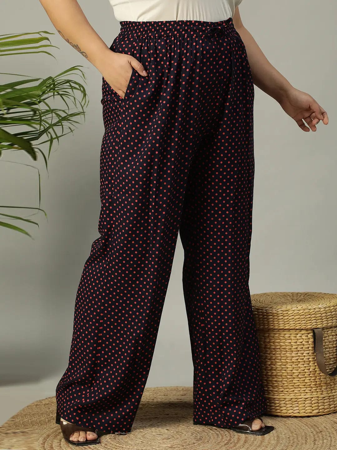 Navy Blue Polka Dot Print Elasticated Plus Size Women Pant