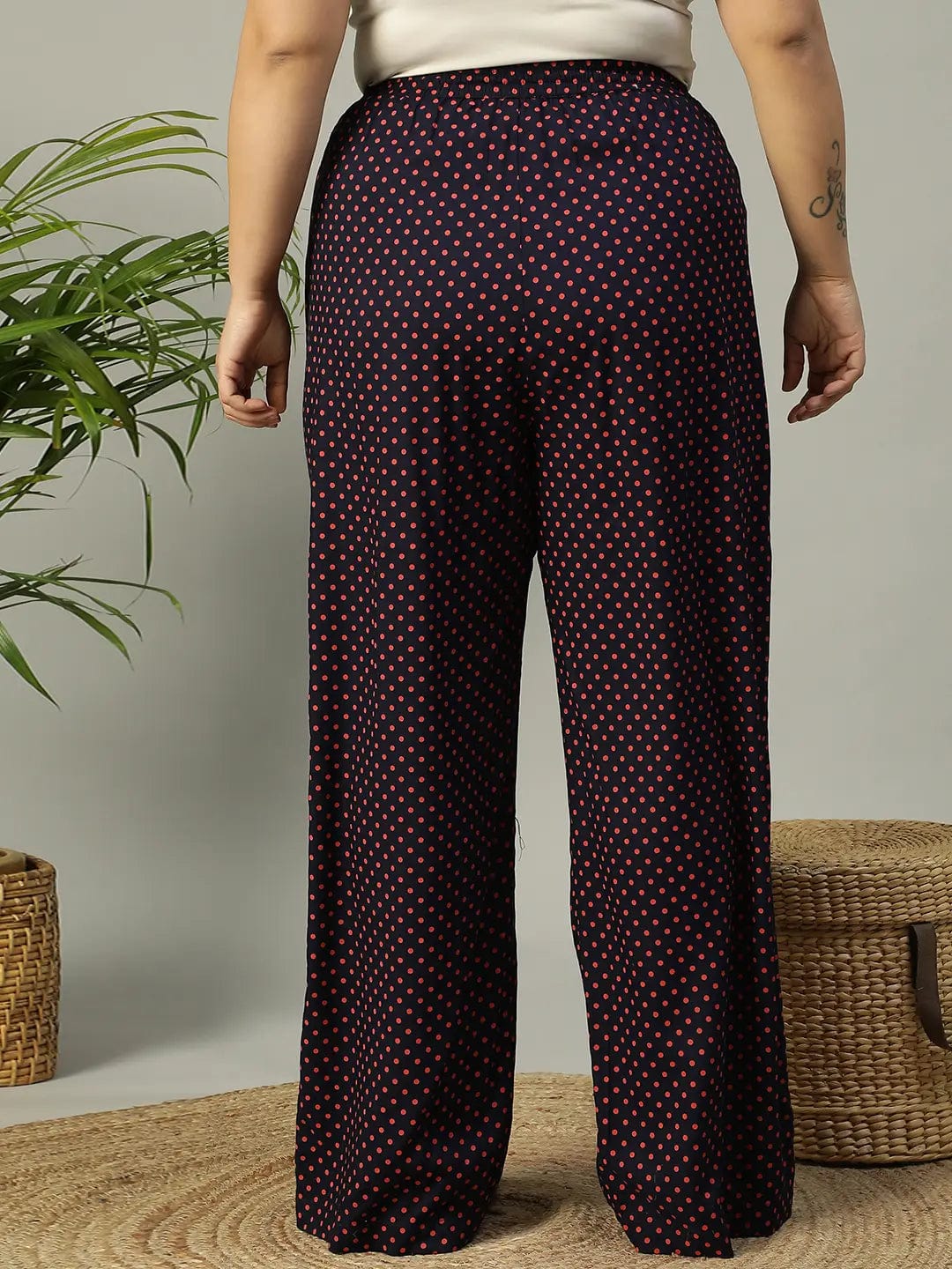 Navy Blue Polka Dot Print Elasticated Plus Size Women Pant