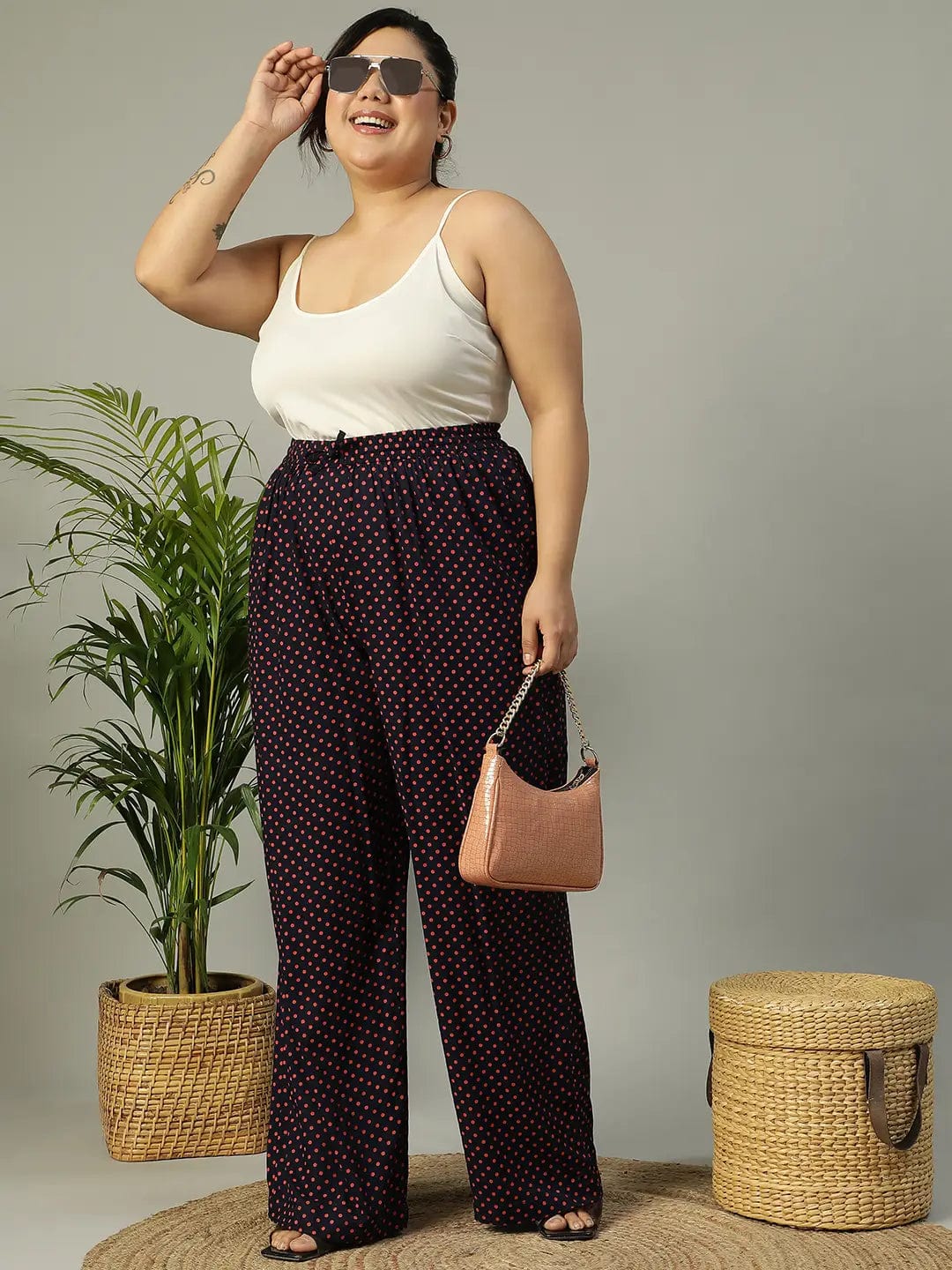 Navy Blue Polka Dot Print Elasticated Plus Size Women Pant