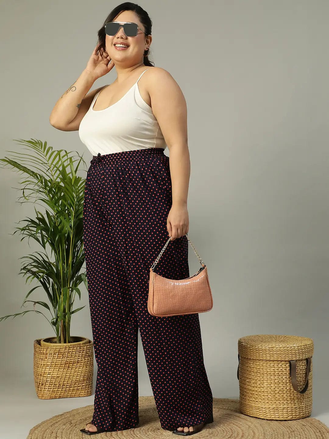 Navy Blue Polka Dot Print Elasticated Plus Size Women Pant