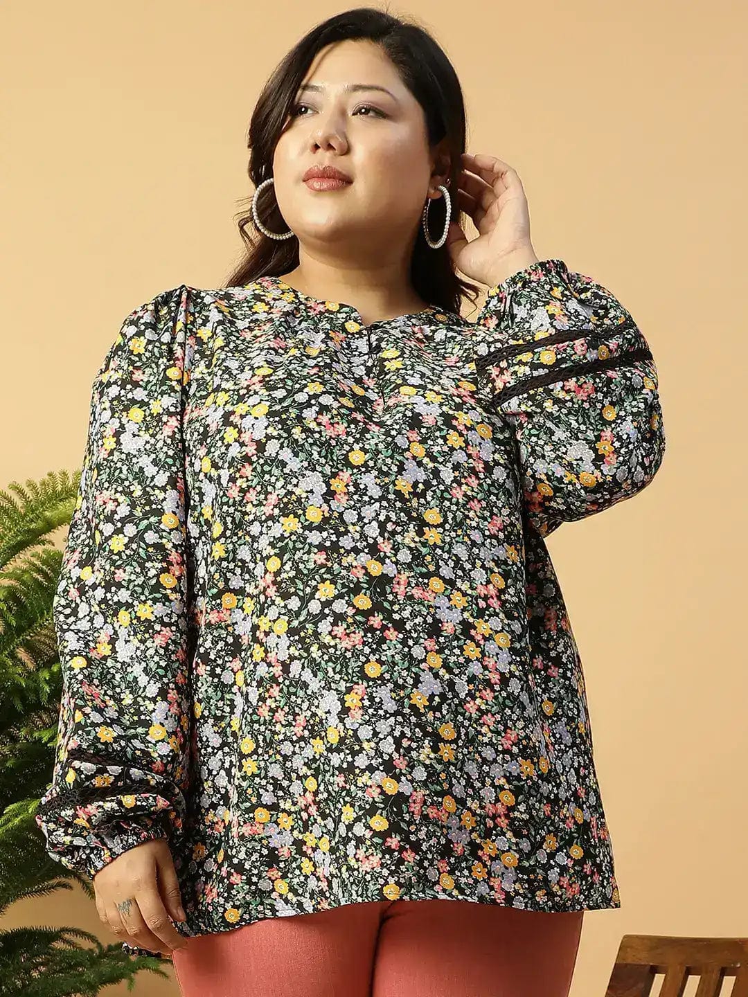 Multicolor Floral Print Long Sleeve Plus Size Women Shirt Top