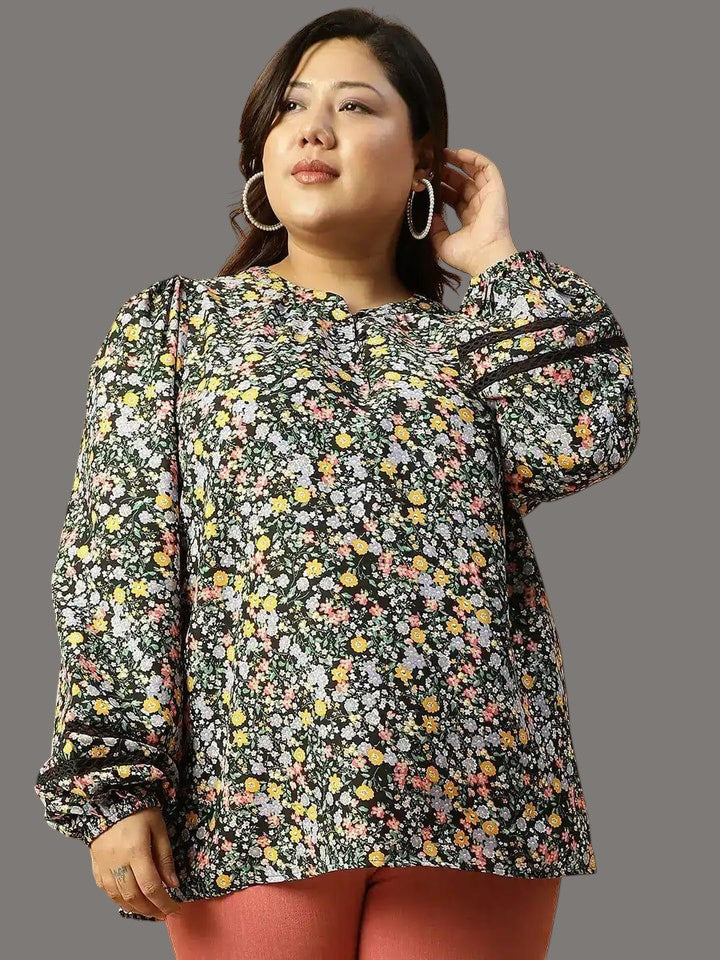 Plus Size Women Shirt - Multicolor Floral Print Long Sleeve Top With Button Down Front