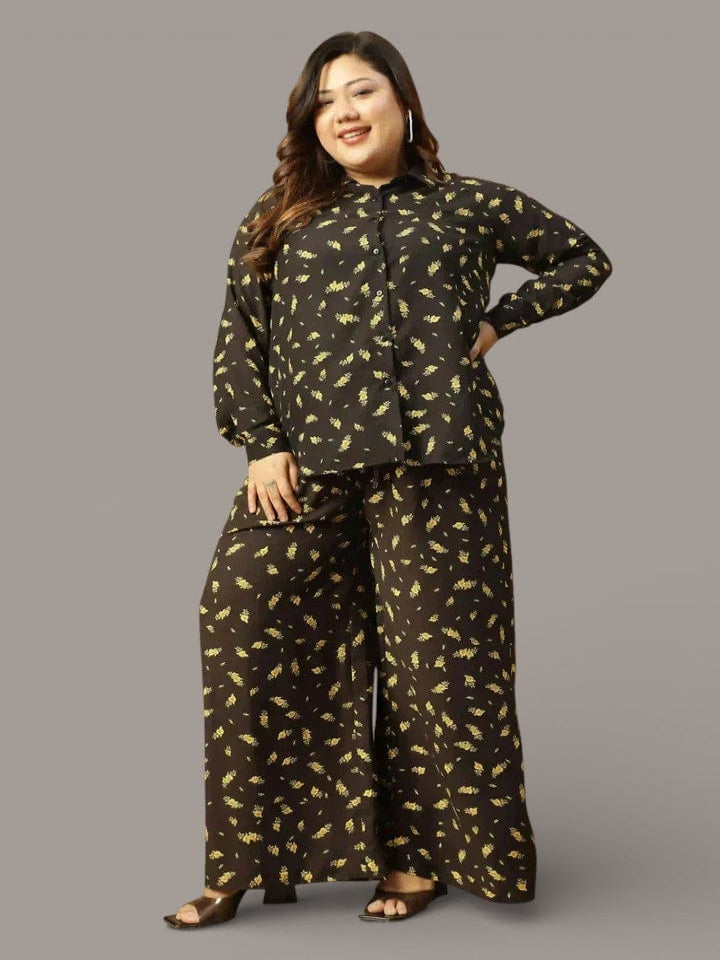 Black Floral Printed Shirt and Trouser Women plus Size Co-ord Set