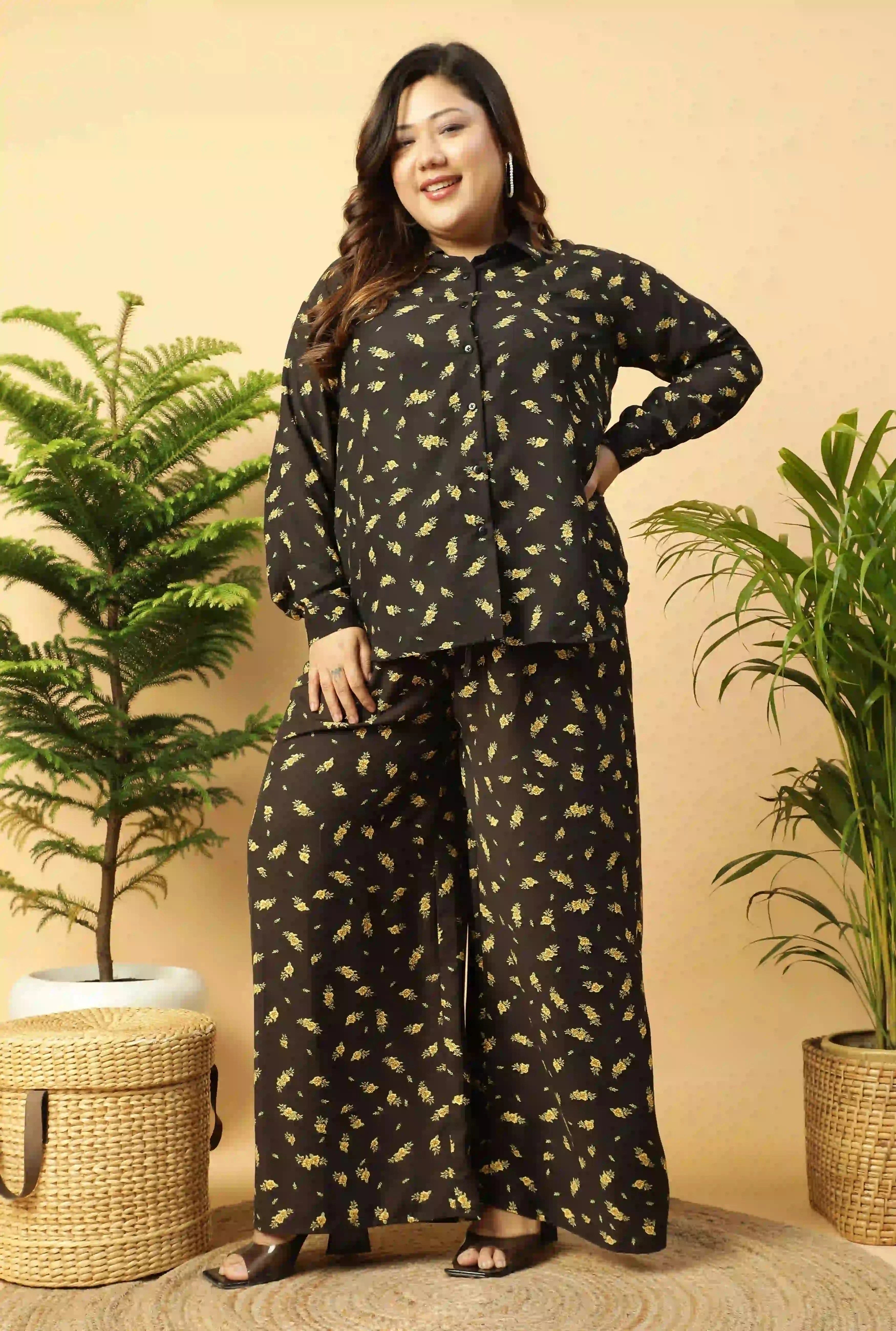 Black Floral Printed Shirt and Trouser Women plus Size Co-ord Set