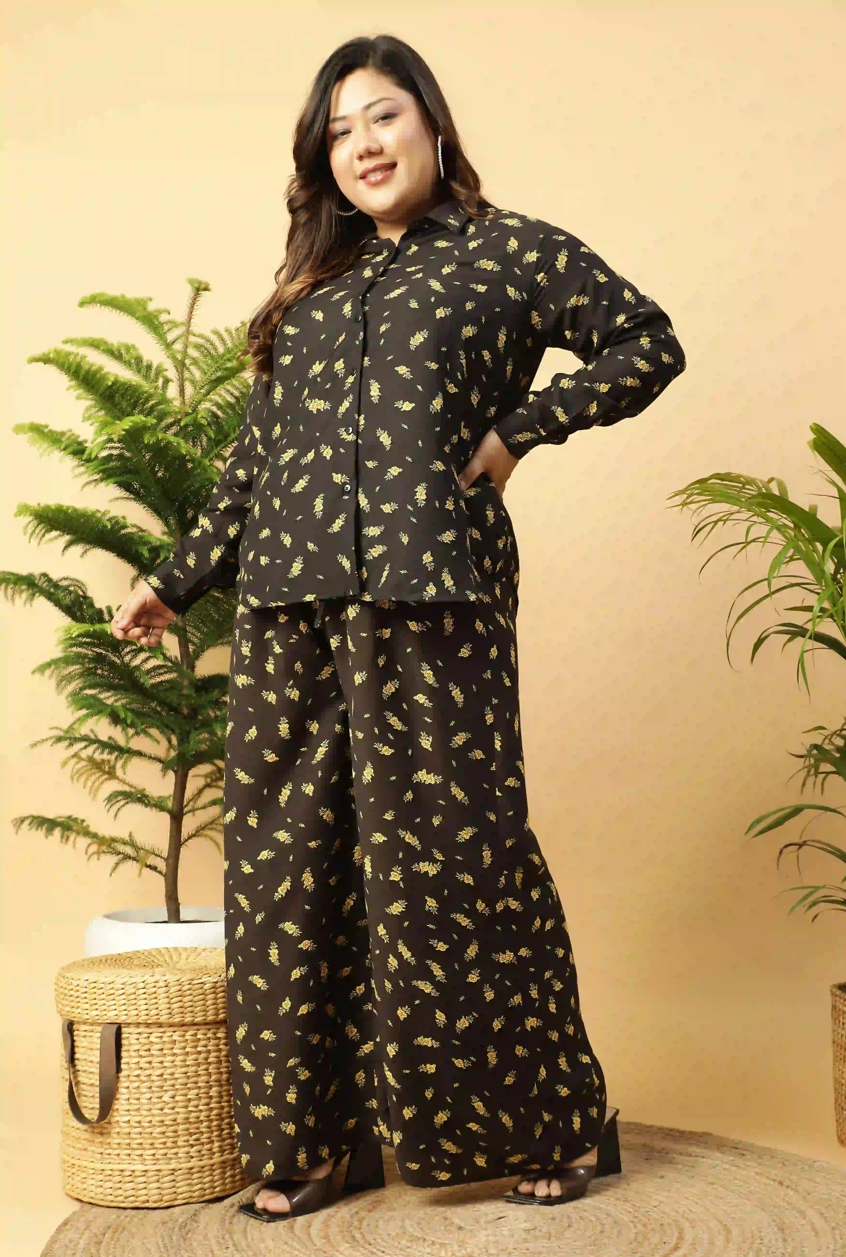 Black Floral Printed Shirt and Trouser Women plus Size Co-ord Set