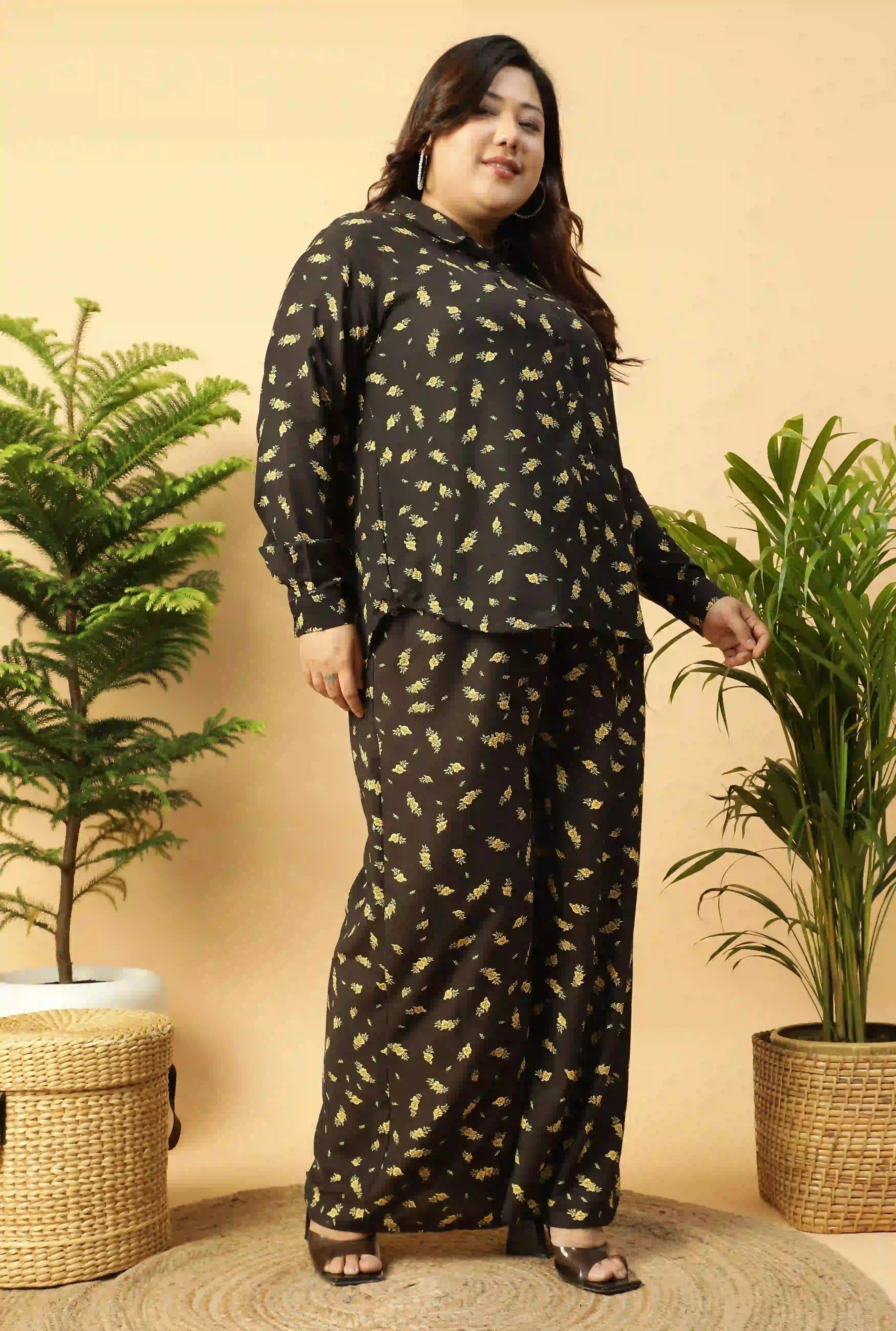 Black Floral Printed Shirt and Trouser Women plus Size Co-ord Set