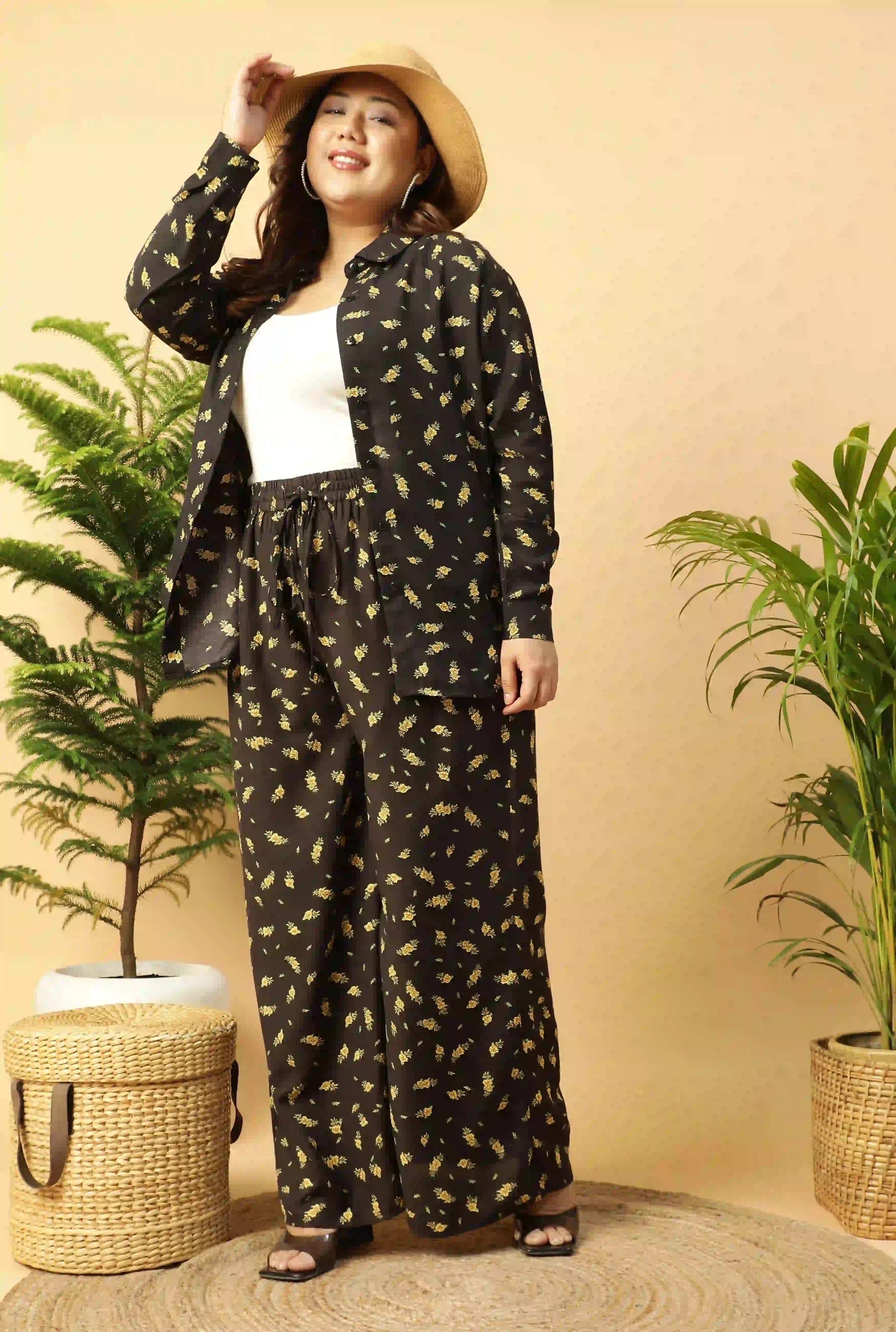 Black Floral Printed Shirt and Trouser Women plus Size Co-ord Set