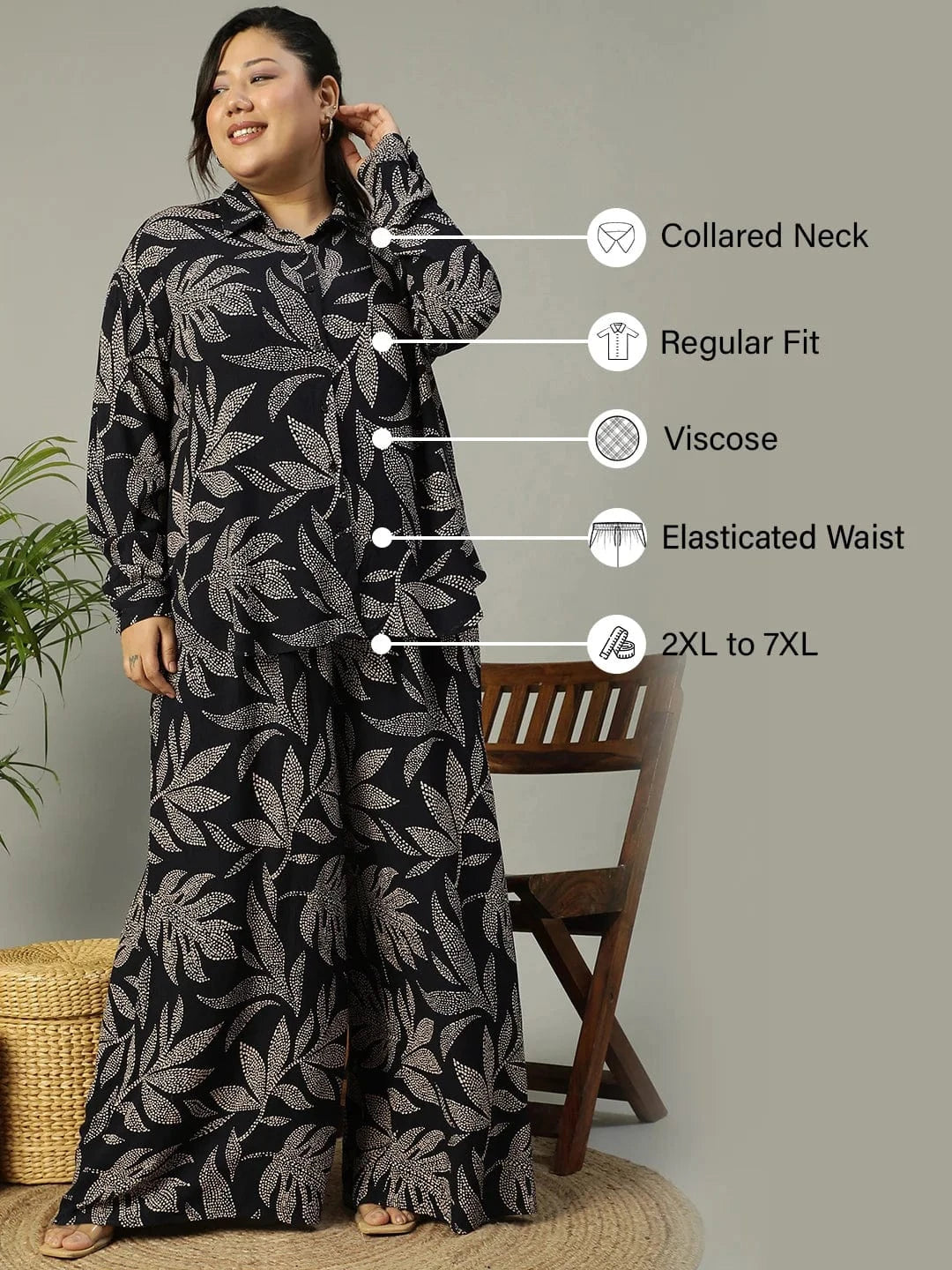 Black Tropical Printed Shirt and Trouser Women plus Size Co-ord Set