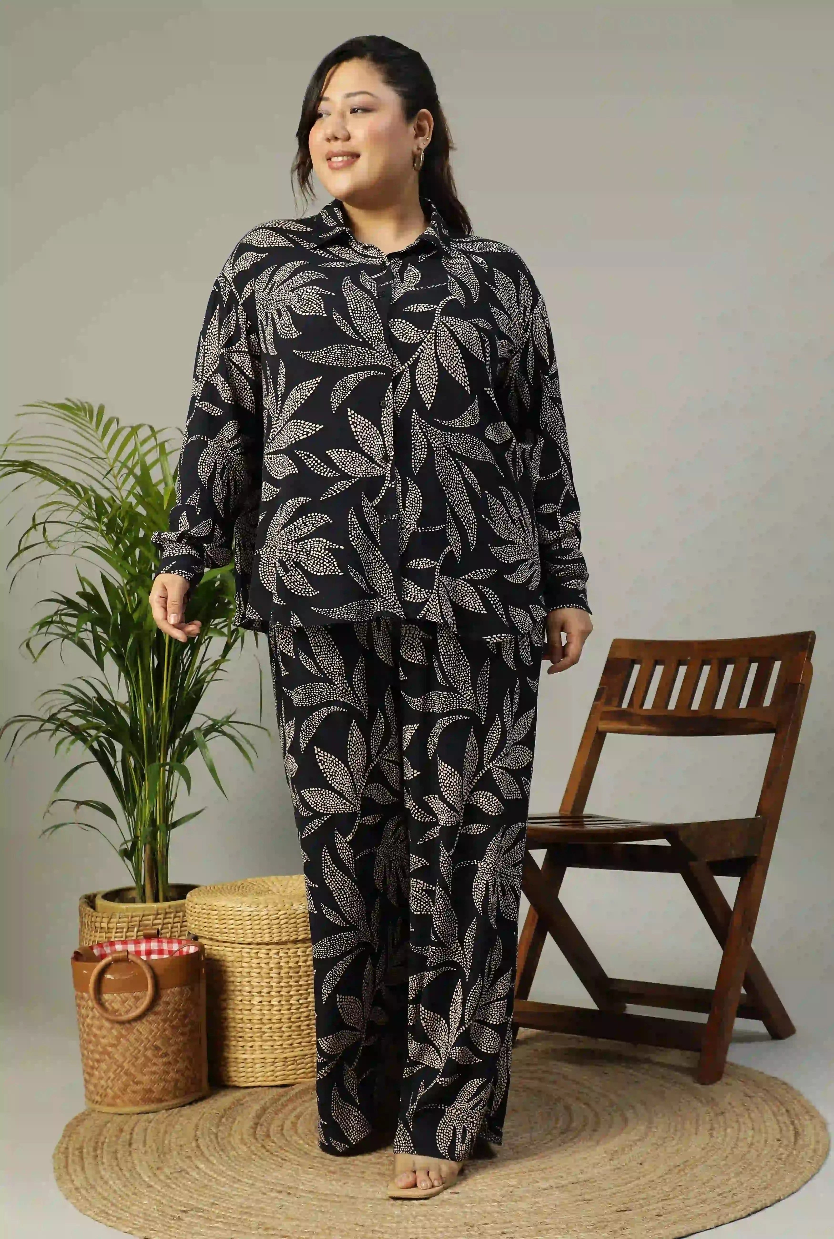 Black Tropical Printed Shirt and Trouser Women plus Size Co-ord Set