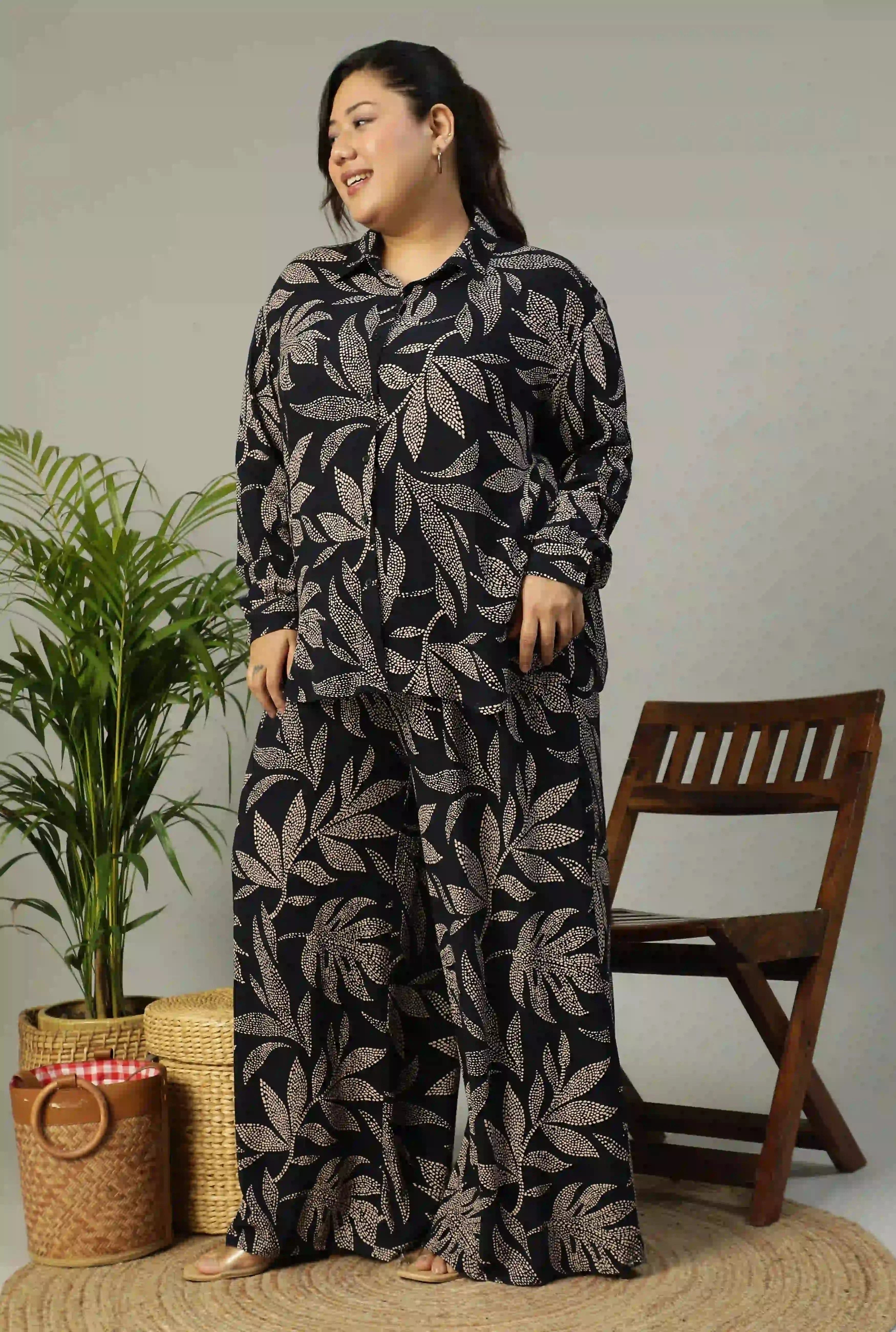 Black Tropical Printed Shirt and Trouser Women plus Size Co-ord Set